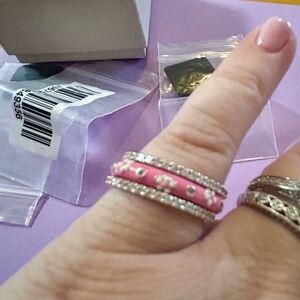 Diamonique 1 Pink Enamel Ring & 2 Faux Rose Gold Eternity Bands Size 8 Ring Set
